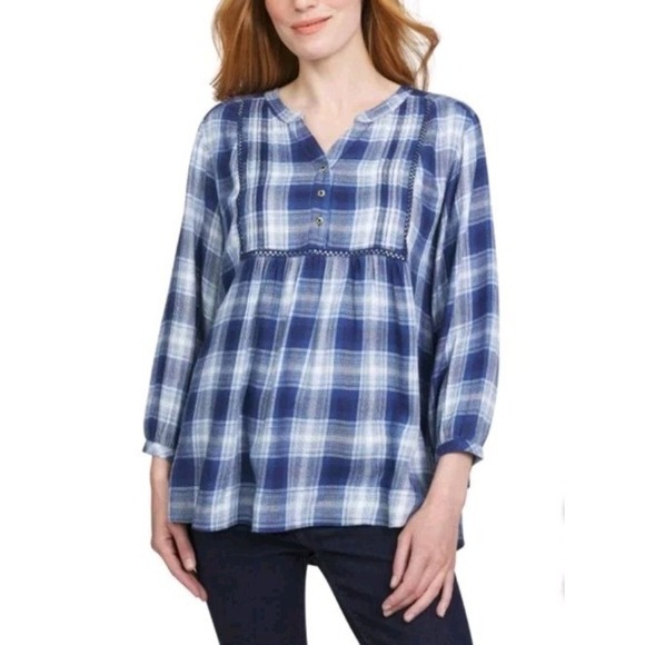NWT Wrangler Womens Size XL Plaid Tunic Blouse Pintuck Pleats‎ Bracelet Sleeves - Picture 1 of 3